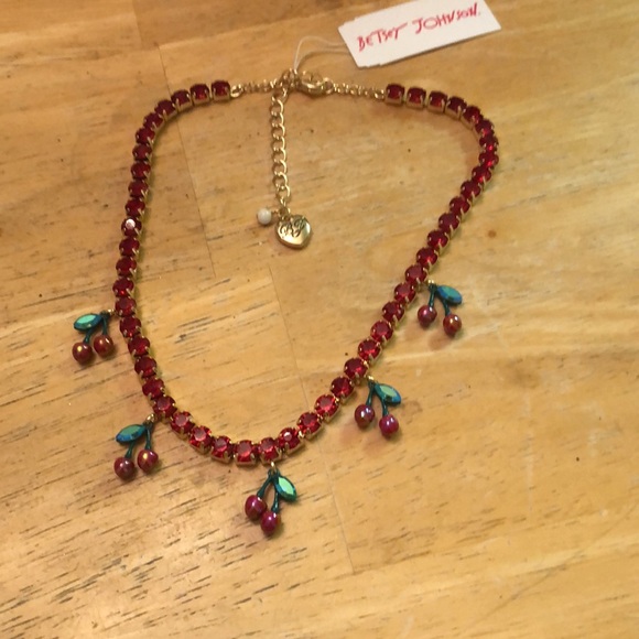 Betsey Johnson Gold Tone Red Crystal Tennis Necklace With Cherry Charms NWT - Picture 9 of 12